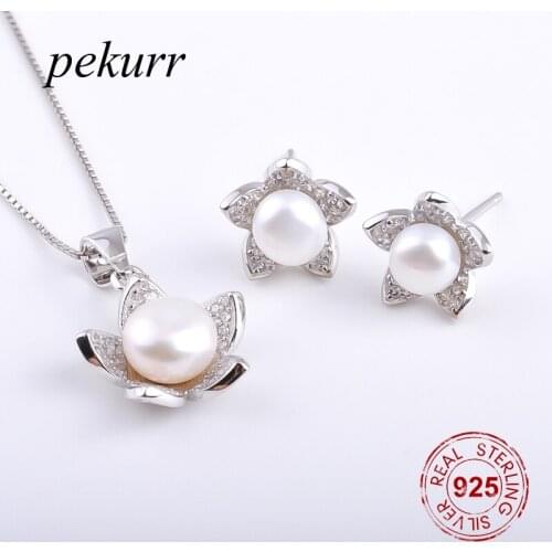 Pekurr 925 Sterling Silver Star Petal Flower Freshwater Natural Pearl Earrings Necklace Sets For Women Zircon Pendants Jewelry