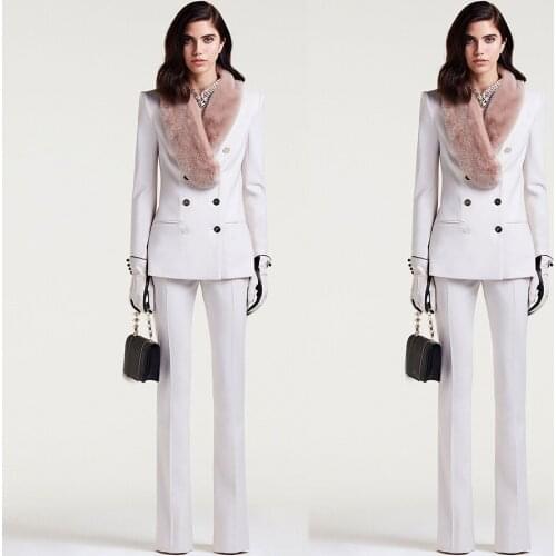 Winter Warm Faux Fur Women Pants Suits Double Breasted Mother of the Bride Tuxedos Work Coat Blazer Office Lady 2 Pieces