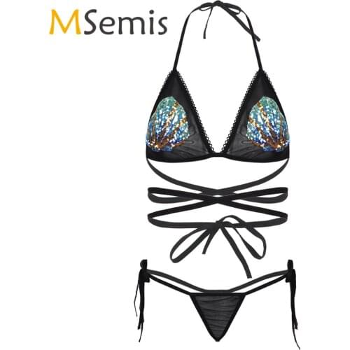 Womens Mermaid Swimsuit Sheer Mesh Lingerie Swimwear Set Halter Neck Shiny Sequins Shells Tie-on Bra Top with G-string Briefs