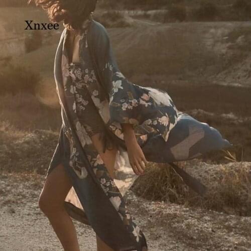 Summer Bohemian Retro Floral Print Belt Ladies Bohemian V-Neck Bat Sleeve Sleeve Ladies Shirt Long Kimono Robe