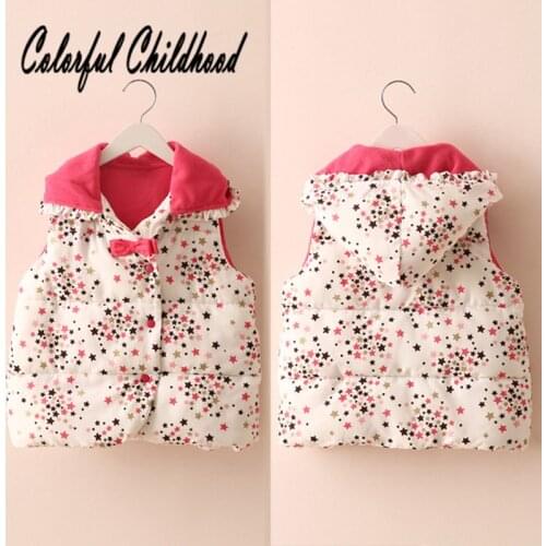 Girls Winter Vest Coat Baby Star Printed Sleeveless Thicken Pure Cotton Outwear Childrens Fashion Warm Winter Hooded Vest 2-10y