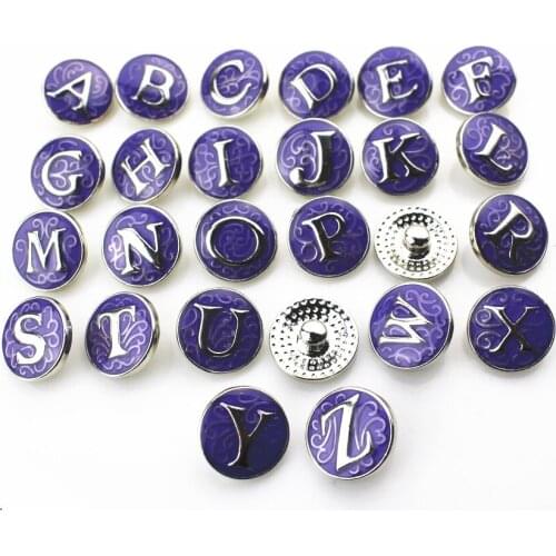2018 New 26pcs/lot Purple A-Z Alphabet Snap Buttons fit 18mm Ginger Button Snap Bracelet&Bangles Letters DIY Snap Jewelry Charms