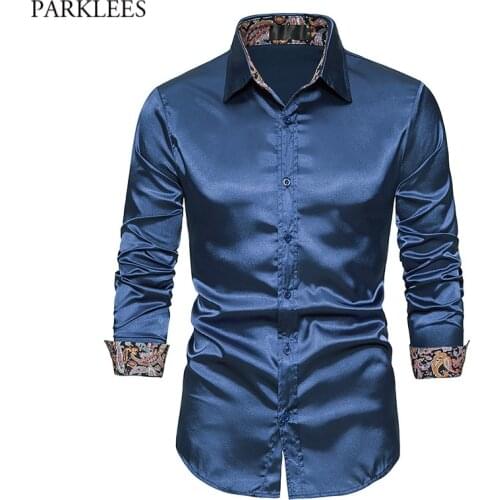 2021 Stylish Paisley Patchwork Satin Mens Dress Shirts Brand Silk Smooth Slim Fit Shirt Men Wedding Party Prom Tuxedo Shirt Male