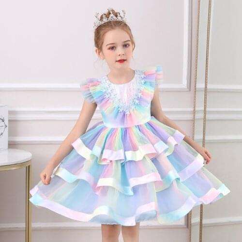 2021 Princess Dress For Girls Wedding Party Dresses Colorful Mesh Prom Gown Children Birthday Pageant Formal Dress Kids Vestidos