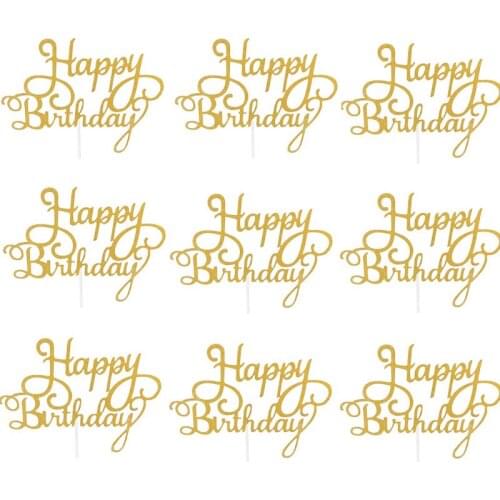 10Pcs/lot Gold Happy Birthday Banner Chrome Gold Silver Birthday Cake Flags Cake Topper for Baby Shower Birthday Party Supplies