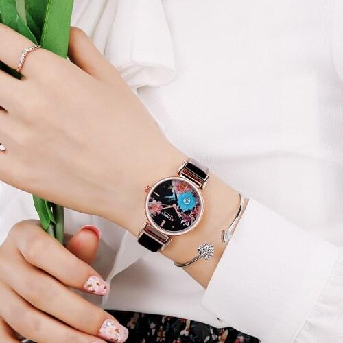 CURREN New Women Watches Unique Design Peony flower Dial Leather Strap Ladies Dress Wrist Watch Elegant Gifts Montre Femme