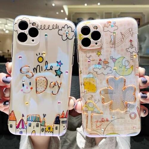 2021 Cartoon Clover Blue Light Cover Case Glossy Epoxy Clear Phone Case for iPhone 12 Pro Max Full Camera Covers