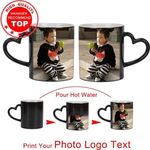 DIY photo Black mug Hot water change color Ceramic cup Love shaped handle DIY photo customize picture Creative gift