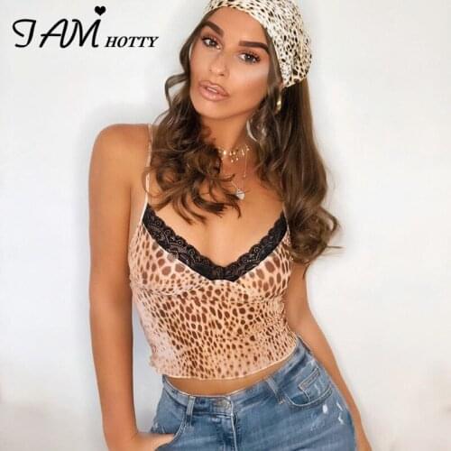 Iamhotty y2k Leopard Print Lace Womens Camis Top 90s Aesthetic Spaghetti Strap Milkmaid Crop Tops Summer Club Party Beach Wear