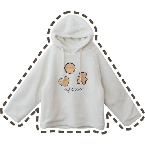Kawaii Cookies Embroidery Winter Womens Cashmere Warm Hooded Sweatshirt Long Sleeve Pullovers Hoodies Color Beige