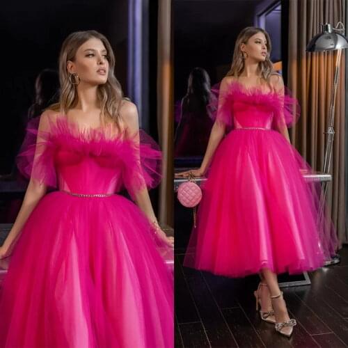 2021 Fuchsia Cocktail Dresses Strapless Tulle A Line Prom Gown Party Wear Customize Women Robe De Soirée