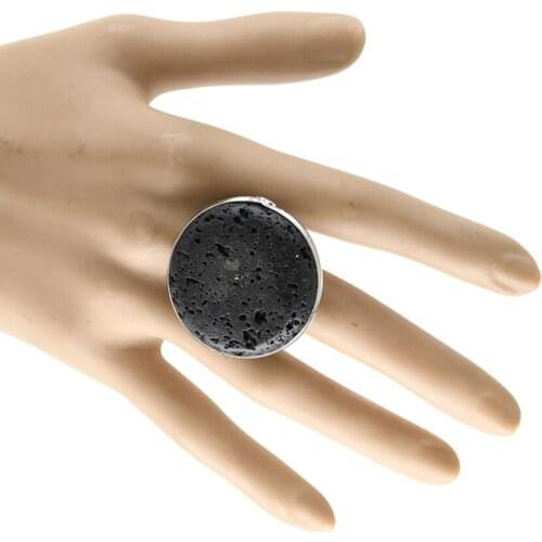 Simple Style Silver Plated Round Black Lava Stone Resizable Finger Ring for Party Gift Charm Jewelry