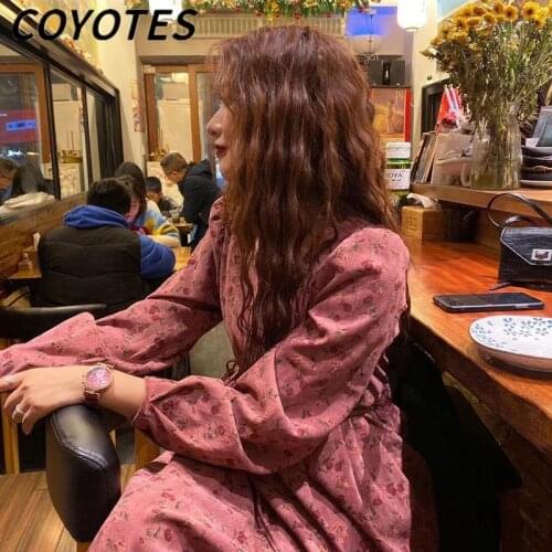 COYOTES Womens Dresses Corduroy Square Collar Rose Floral Long Sleeve Dress Women Print High Waist Autumn And Winter Sweet Slim