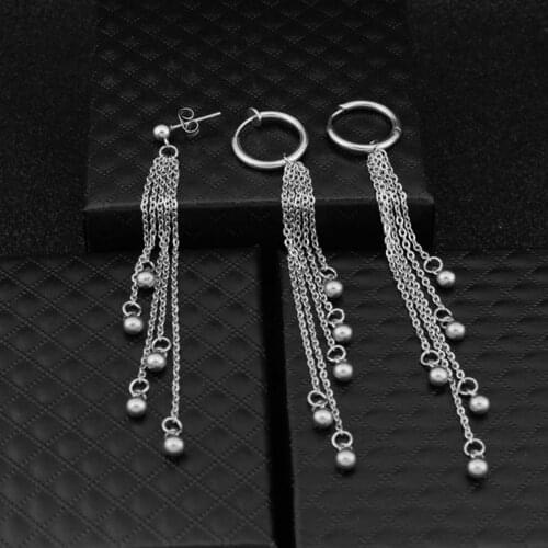 KPOP DNA Korean Punk Style Tassel Chain Bangtan Boys Stainless Steel Stud Earrings Ear Clip for Women Men Punk Rock Jewelry Gift