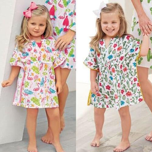 Summer Kids Baby Girls Swimwear Cover Up Floral Cotton Linen Loose Sundress Short Sleeve Bikini Beach Dress Beachwear 6M-5Y