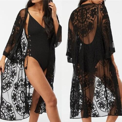 Hot Sale Ladies Summer Beac Shirt Beach Blouse Women Sexy Long Cardigan Thin Mesh Volie Lace Beach Dress Bikini Covers