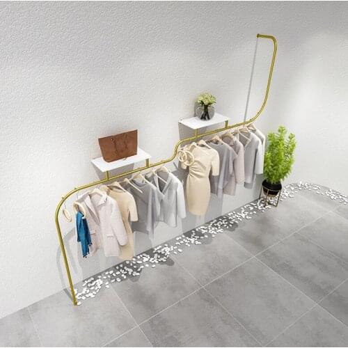 Clothing store display shelf wall stainless steel gold wire drawing clothes rack simple creative womens clothing store shelf