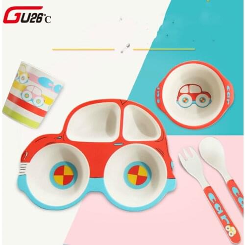 5pcs/sets Baby Dish Tableware Set Natural Bamboo Fiber Bowl With Cup SSpoon Plate Fork Feeding Dishes for Kids Utensils