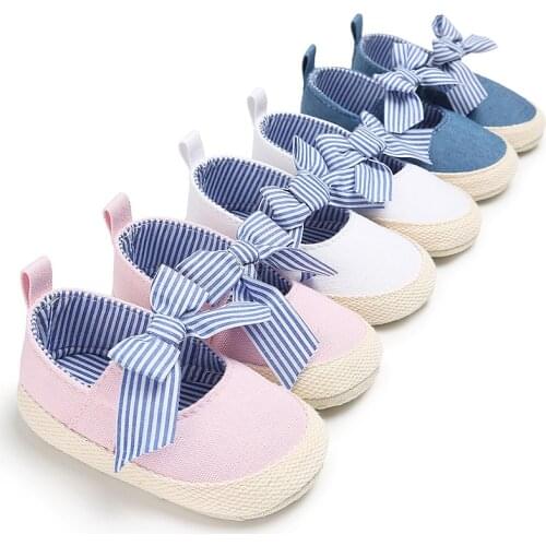 Baby Girl Shoes Newborn Toddler Soft Anti-slip Sole Stripe Bowknot Canvas Solid Infant Prewalkers Princess Baby Crib Moccasins