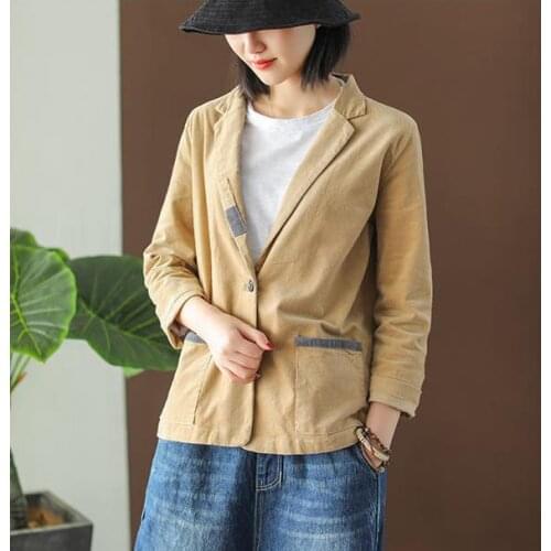 Casual Blazers Cotton Corduroy Single Button Vintage Blazer Femme Coat New 2021 Autumn Arts Style Women Long Sleeve Loose