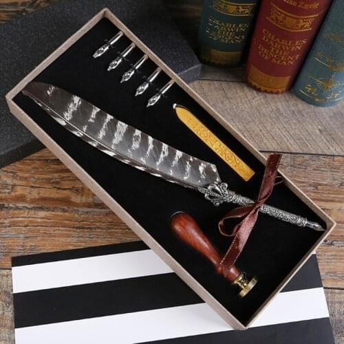 Luxury Vintage Feather Quill Dip Calligraphy Fountain Pen with 5 Nibs Set Stationery Gift Box