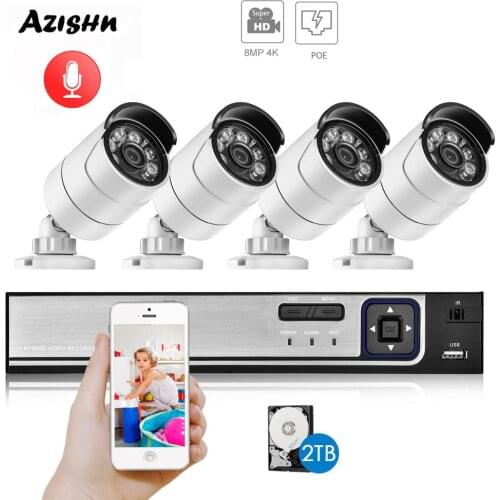 AZISHN H.265+ 4CH 8MP 4K CCTV System POE NVR Kit 3840X2160 Audio Waterproof Metal IP Camera Bullet Home Security Camera System