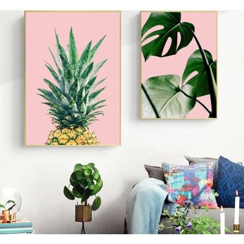 Nordic Tropical Poster Wall Art Palm Leaves Pineapple Canvas Painting Pink and Green Fresh Pictures for Living Room Wall Decor