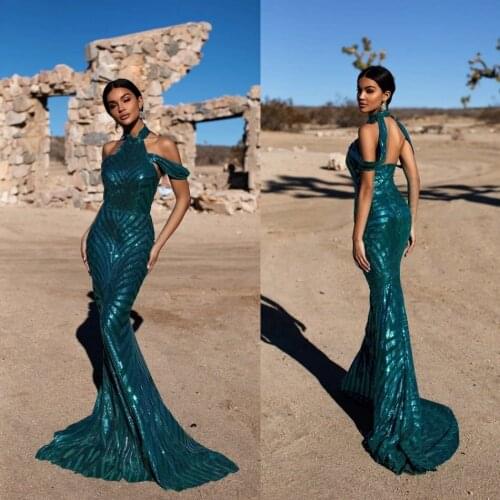 2020 Dark Green Special Occasion Dresses Lace Sequins Halter Mermaid Evening Dress Custom Made Sexy Prom Gowns