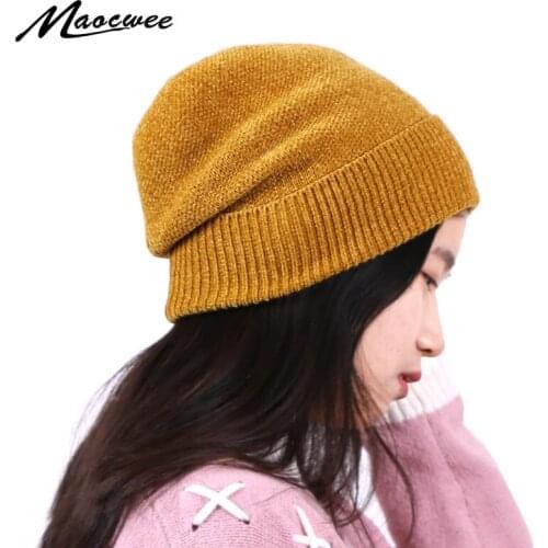 Women Men Chenille Skullies Beanies Hat Winter Knitted Thick Warm Bonnet Cap Female Fashion Solid Color Baggy Crochet Slouch Hat