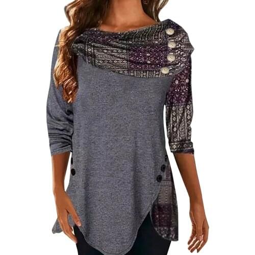 Women Tops And Bloues Casual Loose Comfort Irregular Hem Splicing Printed Fashion All-match Long-sleeved Tops Female Camicia