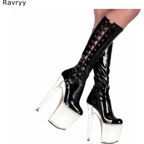 Cross-tied Woman black long boots Pole dance Model Show Fun Club Party Female Shoes Buckles PVC Heel Platform Heel Booties 43