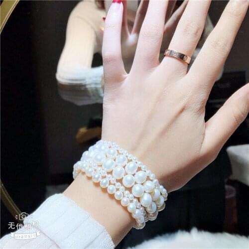 5Rows Natural Cultured White Freshwater Pearl Cubic Zirconia Pave Connector Strand Bracelet 8" For Women