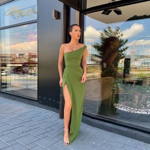 Berylove Green One Shouler Evening Dresses Mermaid Side Slit Satin Prom Dress Wrap Evening Gown Party Dresses vestidos de noche