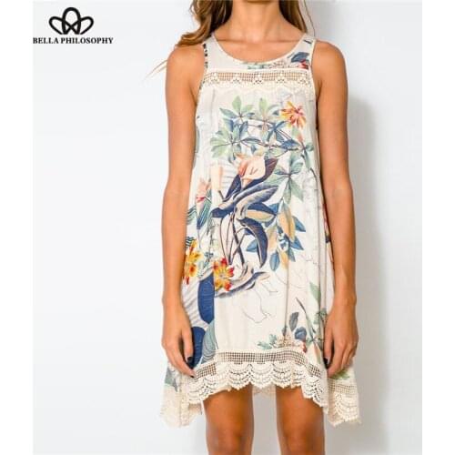 Bella Philosophy summer new women dropshipping vintage floral print mini dress beach dress retro holiday dress lace holiday