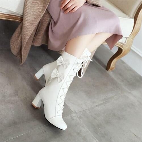 YMECHIC Autumn Winter Party Wedding Butterfly-knot Cute Bow Lolita Shoes Cross Tied Design High Heels Mid Long Boots White Pink
