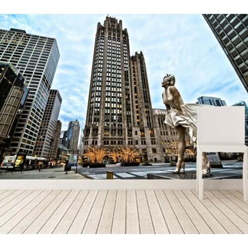 Custom 3d Monroe Marilyn monument skyscraper Chicago city street wallpaper, living room bedroom TV wall large murals