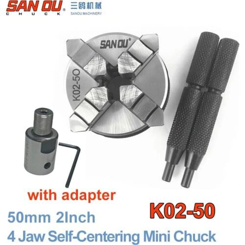 50mm 2" DIY LATHE Chuck 4 Jaw Manual mini Self-Centering Chuck Sanou K02-50 with Connecting rod Connector for CNC woodworking