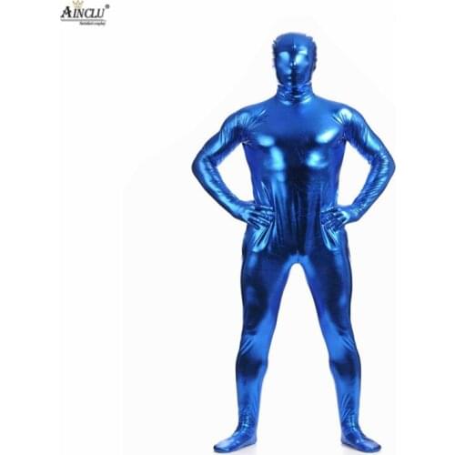 Ainclu Hot Selling Fullbody Blue Glue Metallic Zentai for Hallween Shiny Spandex Spandex Long Sleeve Male Sexy Bodysuits