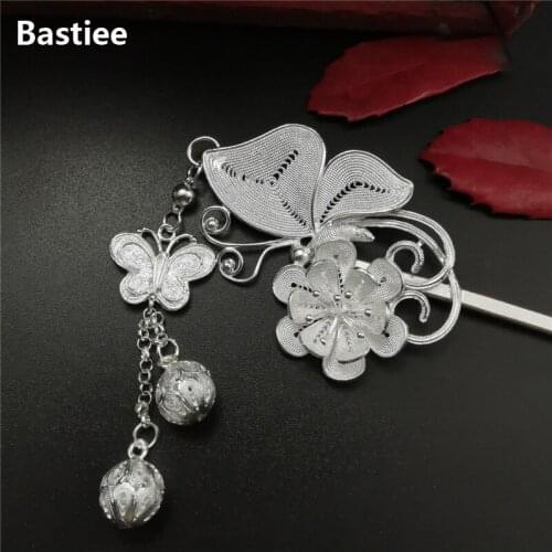 Bastiee Butterfly 999 Sterling Silver Hair Stick Hmong Handmade Hair Accessories For Women Miao Dangle Hairpin Luxury Jewelry