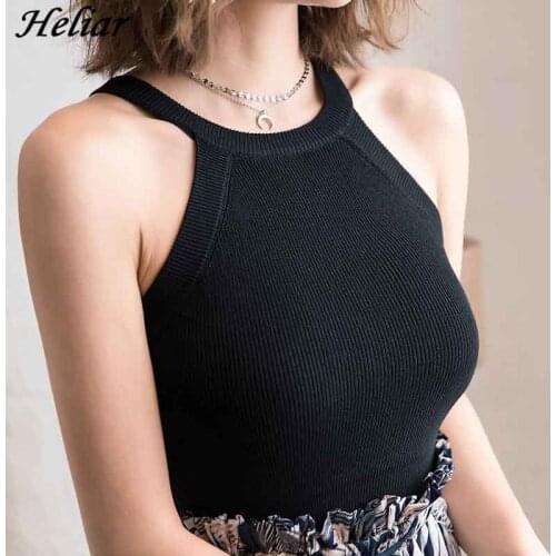 HELIAR Crop Tees Women Knitted Tank Topd Summer Solid Ladies Elegant Elastic Crop Tops Strapless Round Neck Tops For Women