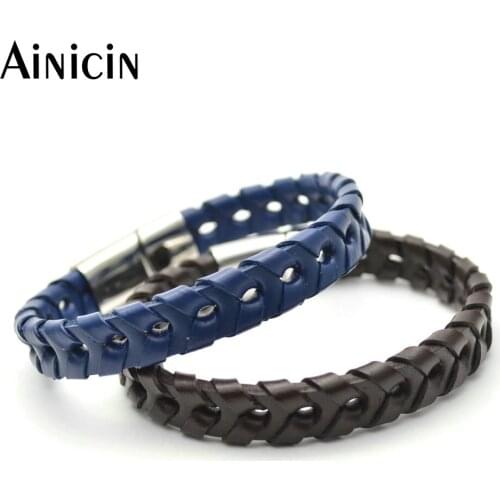 5pcs Genuine Leather With Hole Bracelets Stainless Steel Magnet Clasp Bangle For Men Birthday Gift Jewelry