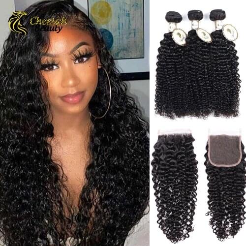 Brazilian Curly Wave 3 Bundles With Closure Remy Hair Cheetah Beauty Free/Middle/Three Part Lace Closure With Human Hair Bundles