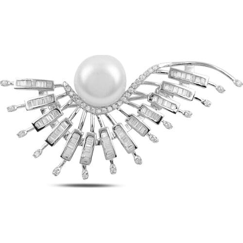 Silver 925 Sterling Pearl & Zircon Crystal Brooch