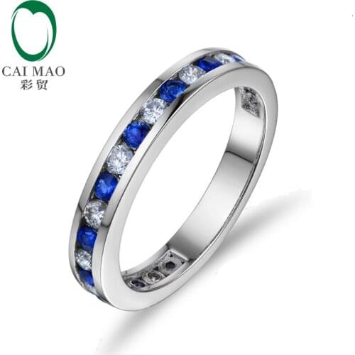 CaiMao 14KT/585 White Gold 0.44 ctRound Cut Diamond& 0.45ct Blue Sapphire Engagement Gemstone Wedding Band Ring Jewelry