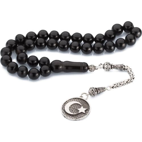 Natural Jet Stone Prayer Bead With Silver Tassel Men Rosary Islamic Tasbih With Turkish Flag Tassel 925 Sterling Silver