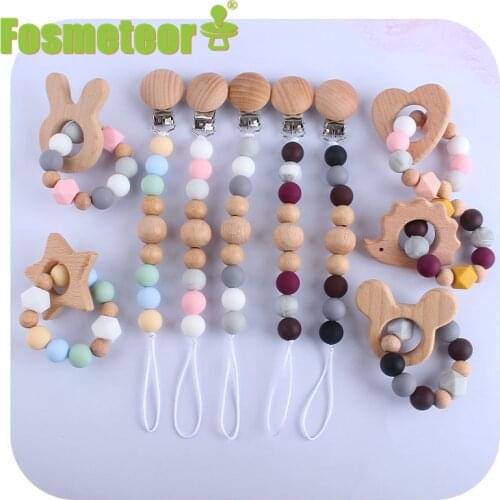 Fosmeteor Newborn Baby Wooden Toys Baby Animals Bracelet Pacifier Chain Silicone Beads Teether Toys Infant Molar Nursing Gift
