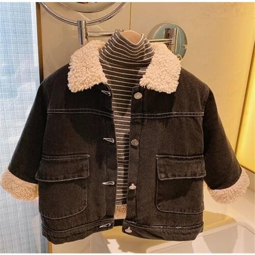 Kids Winter Jackets 2021 New Fashion Solid Thicken Denim Coats For Baby Boys And Girls 2-7 Y Baby Korean Warm Lambswool Coats