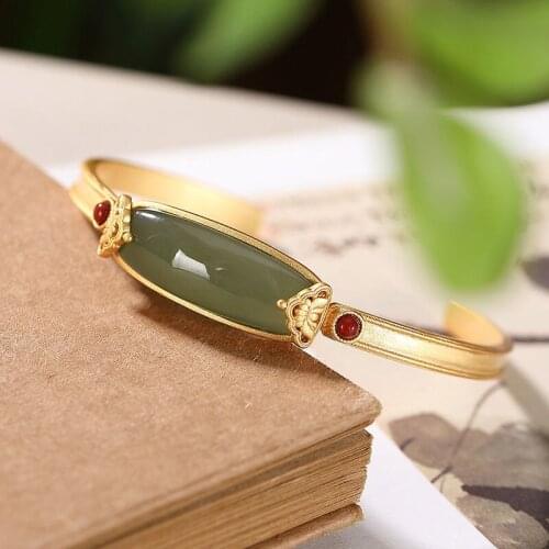 Designer original silver inlaid natural Hetian jade opening adjustable bracelet elegant charm creative female silver jewelry