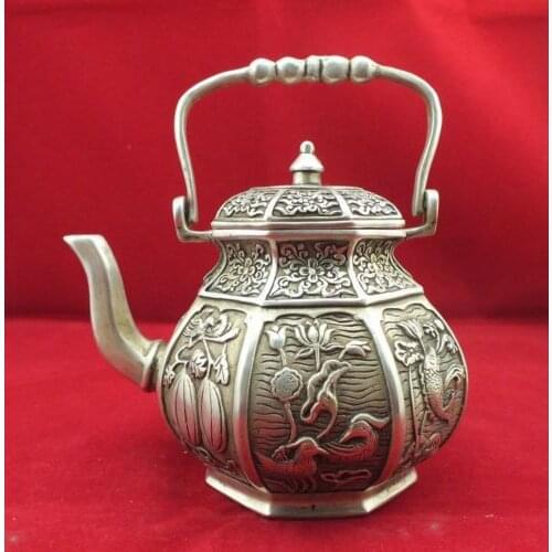 Exquisite Chinese old miao silver Duck Fish Phoenix Auspicious Designs Statue Teapot