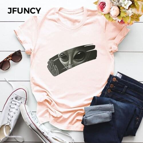 JFUNCY Plus Size Women Tops Alien Print Casual Woman Cotton T-shirt Summer Female Tee Shirt Oversize Short Sleeve Lady Tshirt
